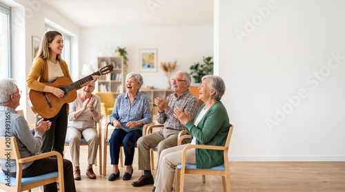 Seniors enjoying music together in a joyful atmosphere