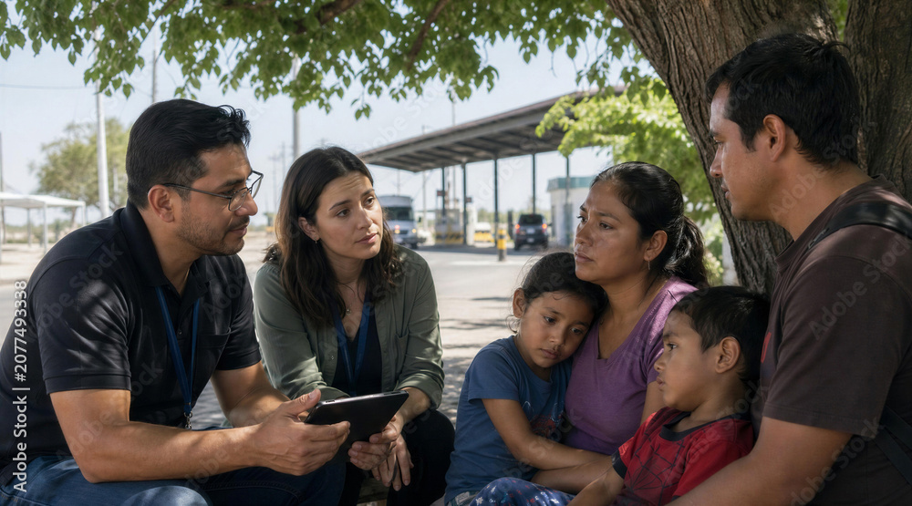 Fototapeta premium Social workers helping immigrant family at border checkpoint