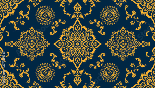 Bild auf Leinwand Elegant seamless pattern with intricate golden floral and mandala motifs on a rich dark blue background, evoking a luxurious textile design