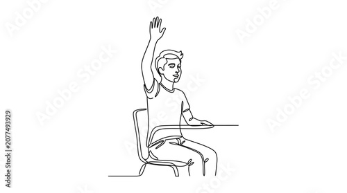Tableau sur toile Student raising hand in classroom, single line drawing, eagerness to learn and p