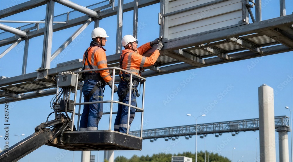 Naklejka premium Maintenance Workers on Aerial Lift Repairing Highway Gantry