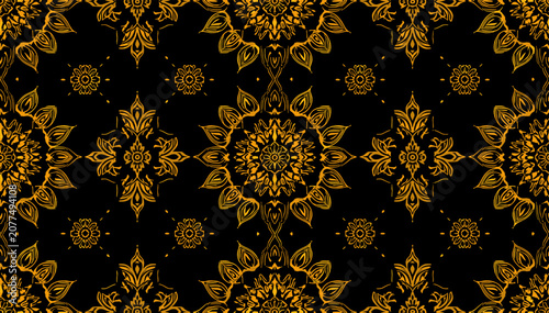 Fotografía Luxurious seamless pattern with intricate golden Thai-inspired floral and mandala motifs on a deep black background, exuding elegance and traditional artistry