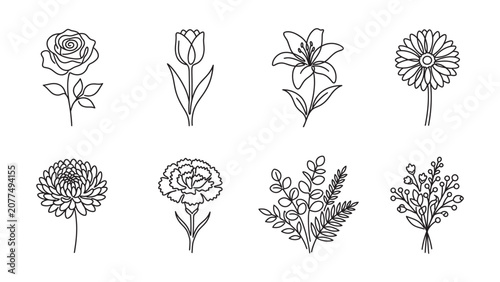 Collection of hand drawn floral elements and flower line art icons.