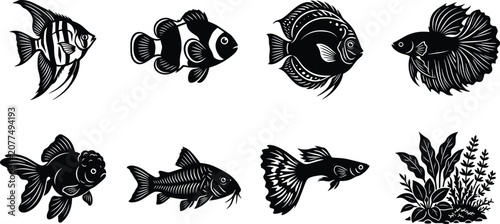Foto Black and white tropical aquarium fish silhouettes vector icon set featuring ang