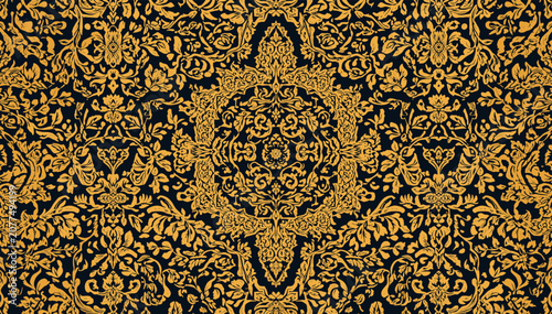 Photos Intricate golden symmetrical pattern on a dark background, featuring ornate floral and foliate motifs in a classic damask style