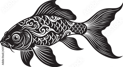 Traditional koi fish vector illustration, black and white carp with ornate scales, decorative japanese style fish silhouette for tattoo design