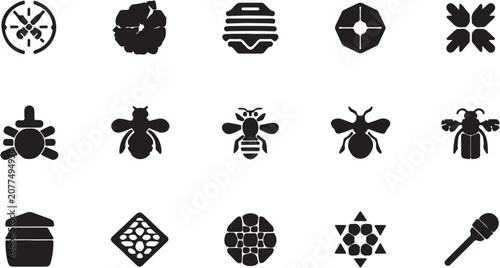 Fotografía Black and white icons of bees and honeycomb patterns.