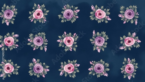 Repeating Pattern of Small Purple and Light Pink Floral Bouquets on Dark Background