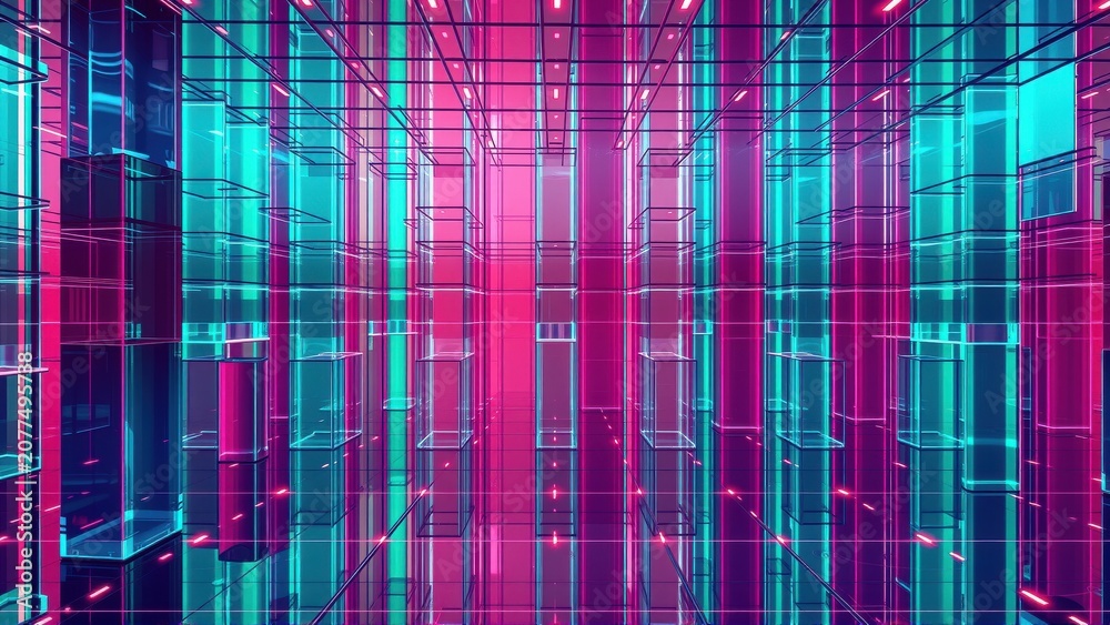 Fototapeta premium Neon grid structure. Abstract digital space, vibrant pinks, blues create futuristic cityscape impression. Complex geometry, dark background.