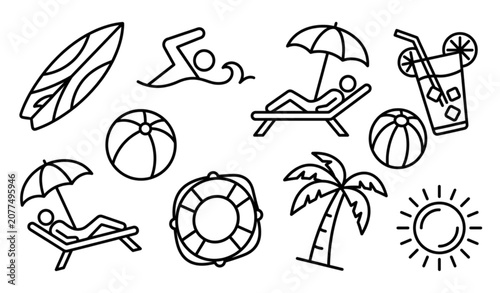 Photography Summer beach activity icon set editable stroke black outline surfing swimming su