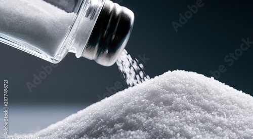Salt being poured from a shaker onto a pile of salt.