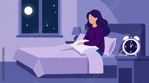 Photos Illustration of a woman awake in bed at night, suffering from insomnia