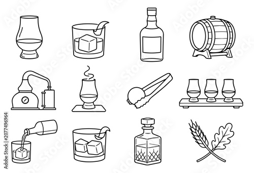 Obraz na płótnie Whisky and Spirits Bar Line Art Icon Set – Bourbon, Scotch, Whiskey Tasting and
