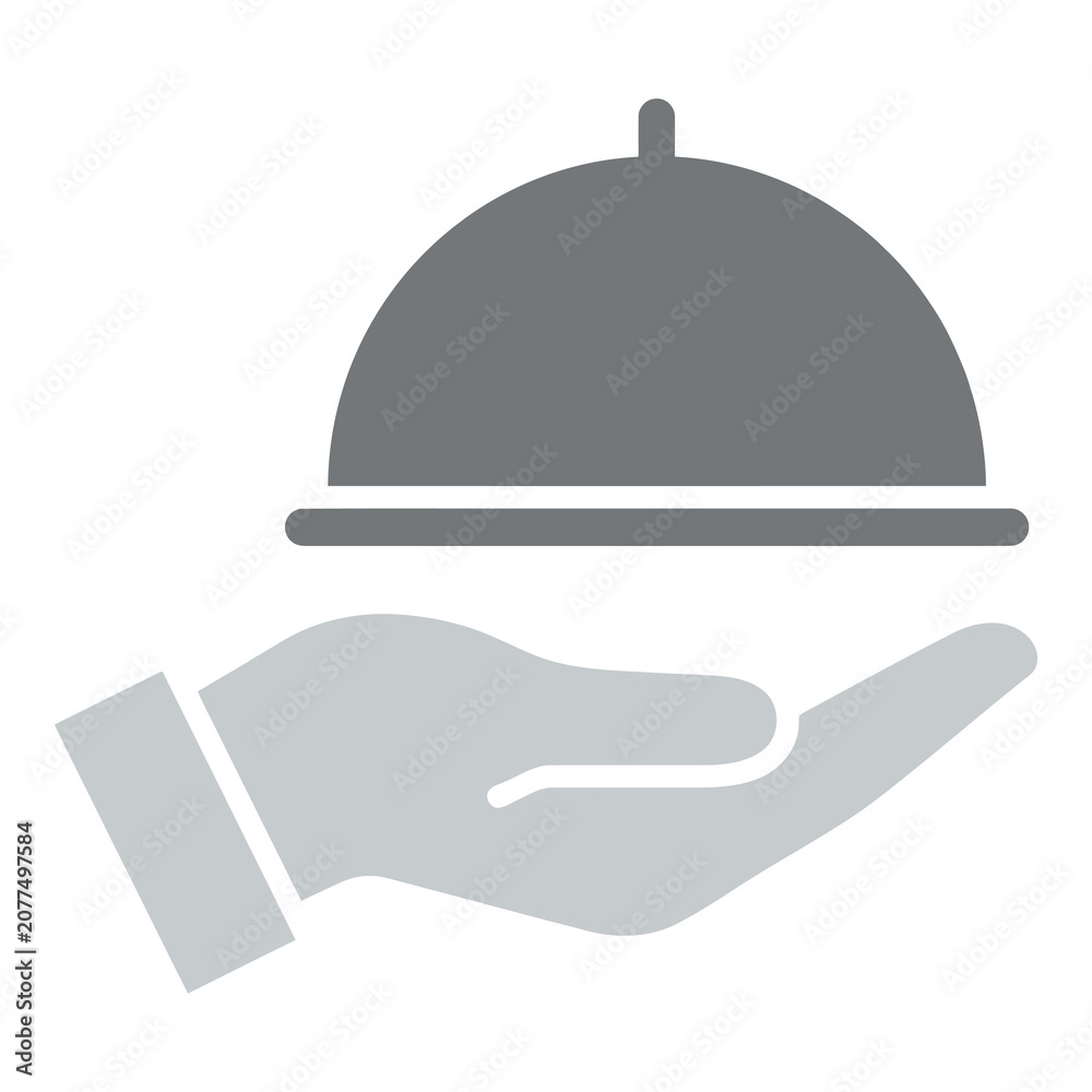 Fototapeta premium Gray hand holding a cloche dish cover icon symbol icon