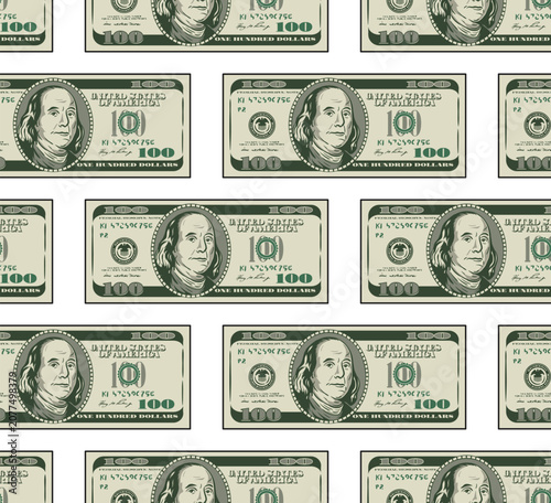 Seamless geometric pattern with 100 USD bills in horizontal rows with offset layout like brick wall. Obverse, front side is visible. Detailed color money illustration on transparent background. Not AI