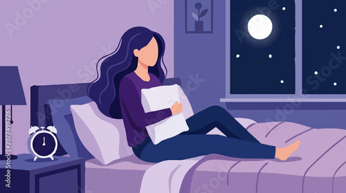 Photos Woman sitting on bed at night, looking out window, concept of insomnia