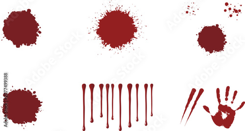 Tableau sur toile Red Blood Splatter and Handprint Vector Set with Splashes, Stains, Drips, Clots,