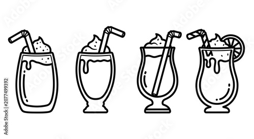 Tableau sur toile Set of Four Hand-Drawn Cocktail Icons with Straws and Whipped Cream