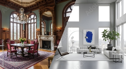 Elegant Historic & Modern Interior: Contrast of Rooms, Luxury Design