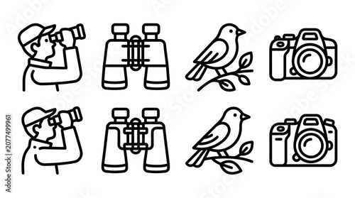 Obraz na płótnie Birdwatching Icons: Man with Binoculars, Bird on Branch, Camera, and Binoculars