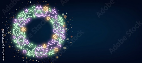 Pastel Neon Easter Wreath Circle Frame with Eggs and Bunny on Dark Background, Copy Space