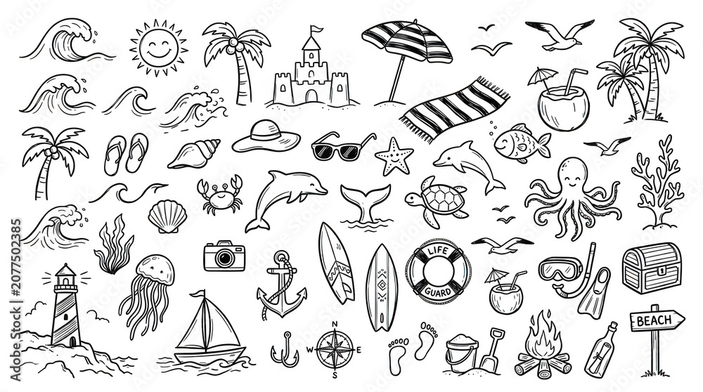 Fototapeta premium Hand drawn beach and summer vacation elements isolated on transparent background