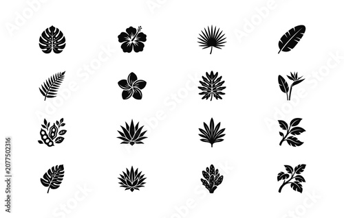 Tropical leaf and exotic flower silhouette collection featuring monstera palm fern and hibiscus icons for botanical pattern design and summer vacation graphics isolated on white backgrounds.
