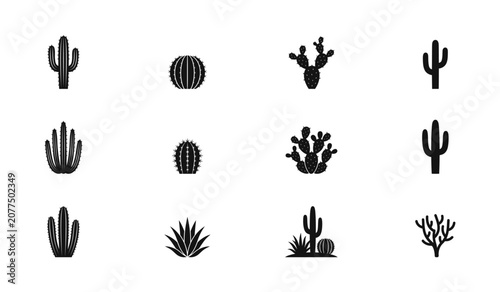 Varied collection of black cactus silhouettes featuring different succulent shapes round prickly plants blooming desert flora and western vegetation isolated on clear white background design elements.