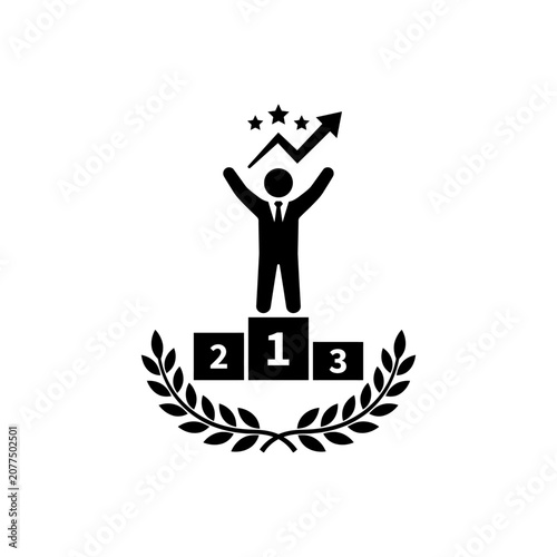 Winner on podium icon with laurel wreath, celebrating success and achievement with rising arrow and stars, black vector illustration isolated on white background.