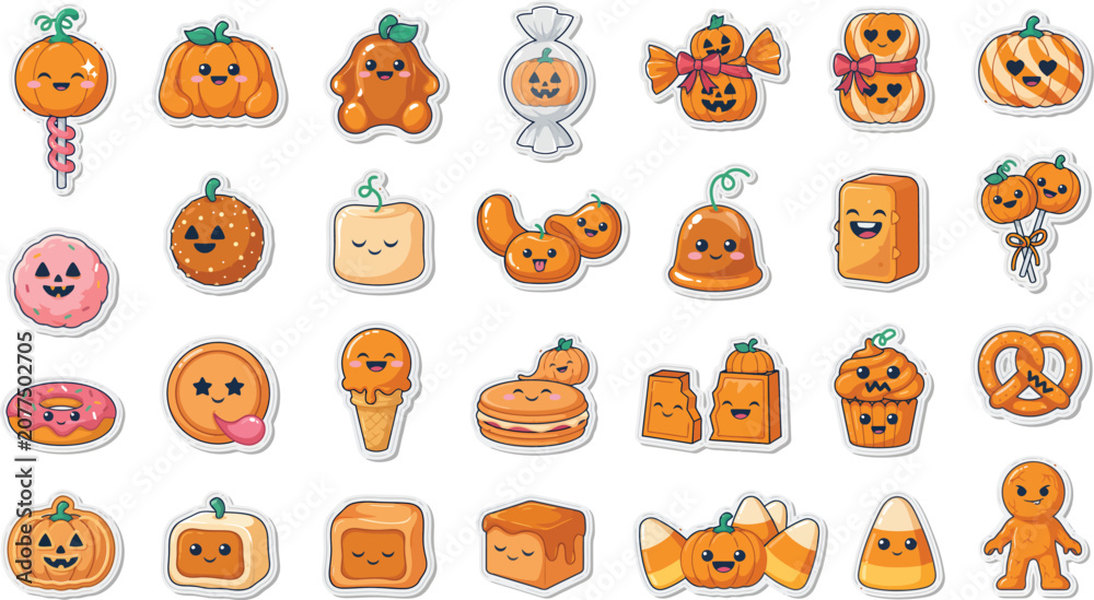 Fototapeta premium Cute halloween food icons with pumpkin faces
