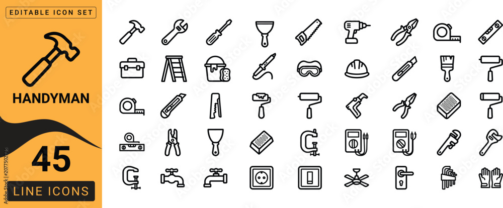 Naklejka premium Handyman tools icon set 45 line icons for construction repair and home improvement