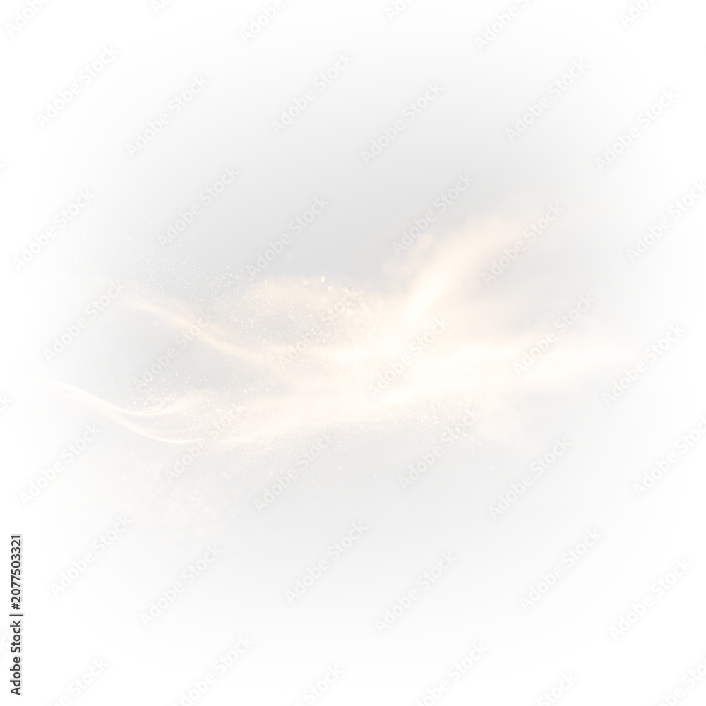 Fototapeta premium Yellow sand dust cloud burst with scattered particles isolated on white background