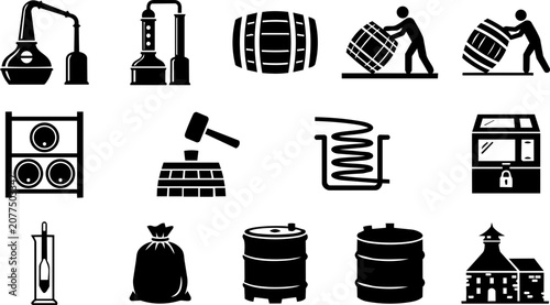 Schilderij op canvas Whisky Distillery and Production Silhouette Icon Set with Barrels and Distillati