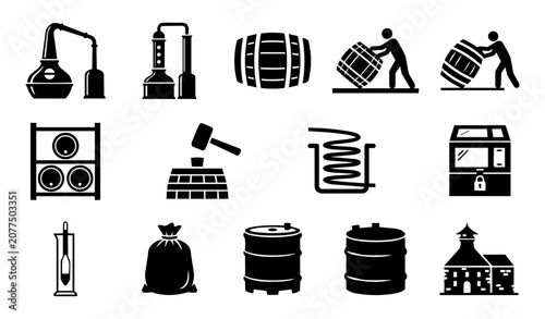 Schilderij op canvas Whisky Distillery and Production Silhouette Icon Set with Barrels and Distillati