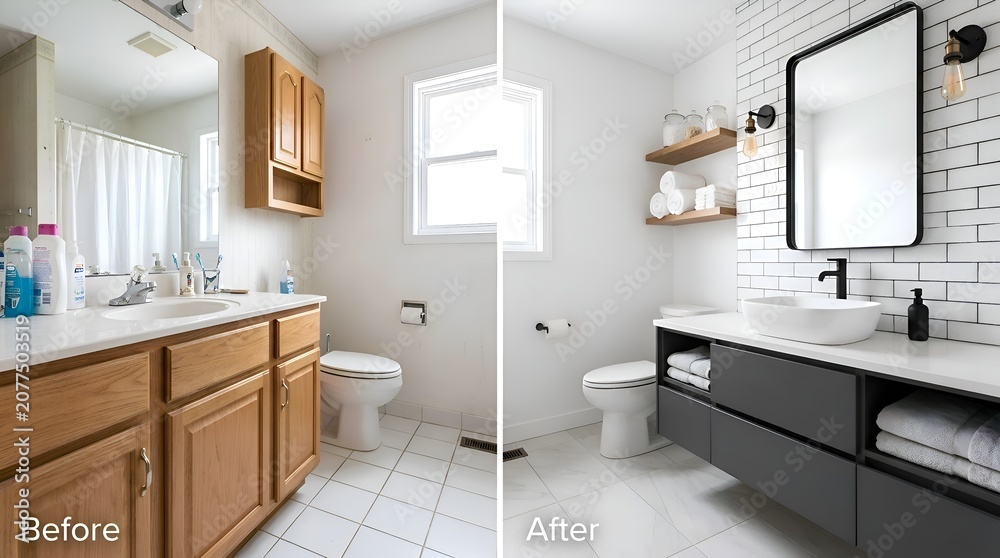 Fototapeta premium Bathroom Renovation Before and After: Modern Makeover with White Subway Tile