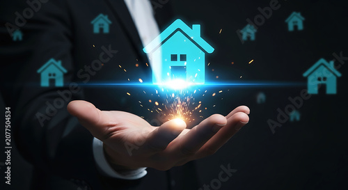 Real estate agent holding glowing house icon for smart property investment