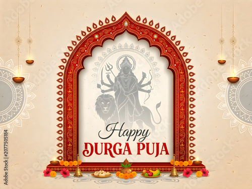 Happy durga puja greeting card with goddess durga and traditional decor