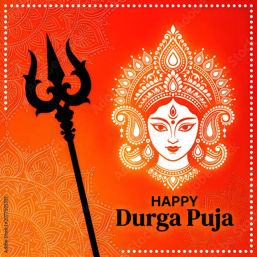 Happy durga puja greeting card with goddess durga face and trishul