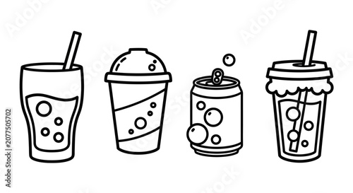 Photos Set of Hand Drawn Refreshing Drinks Icons: Soda Can, Cup with Straw, and Iced Be