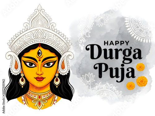Happy durga puja greeting card with goddess durga illustration