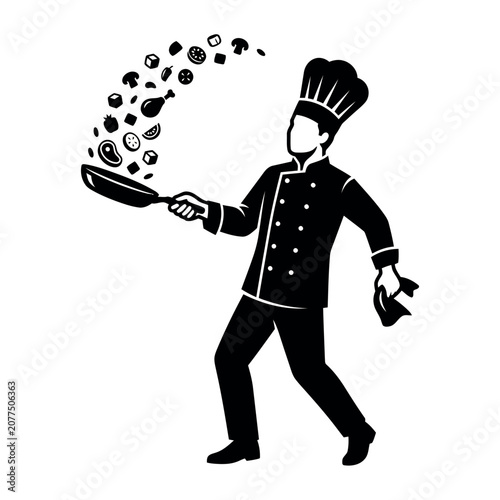Chef tossing food from pan during culinary performance with dynamic motion against white background