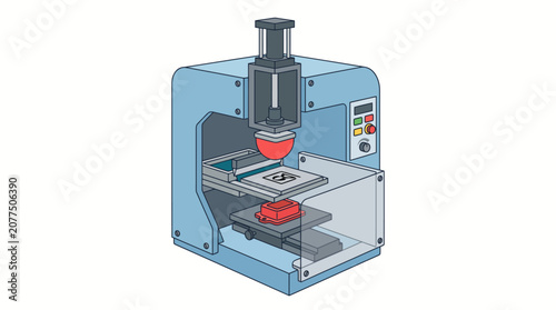Illustration of an advanced industrial 3D printing machine precisely creating a prototype object through modern additive manufacturing technology