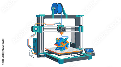 Illustration of a modern 3D printer creating a complex, colorful object, representing advanced additive manufacturing technology and rapid prototyping in action