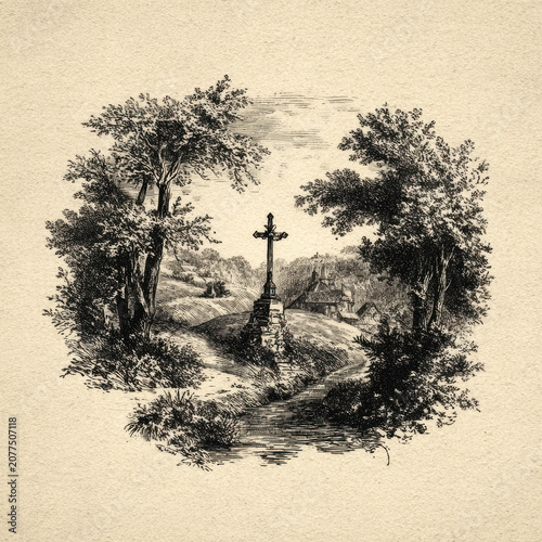 Vintage Cross in Rural Landscape – Generative AI