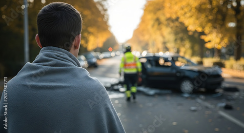 A shocked person wrapped in a blanket watching a car accident scene with emergency responders.