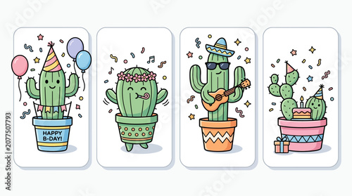 Cute Cartoon Cacti Celebrating Birthday Party Fun