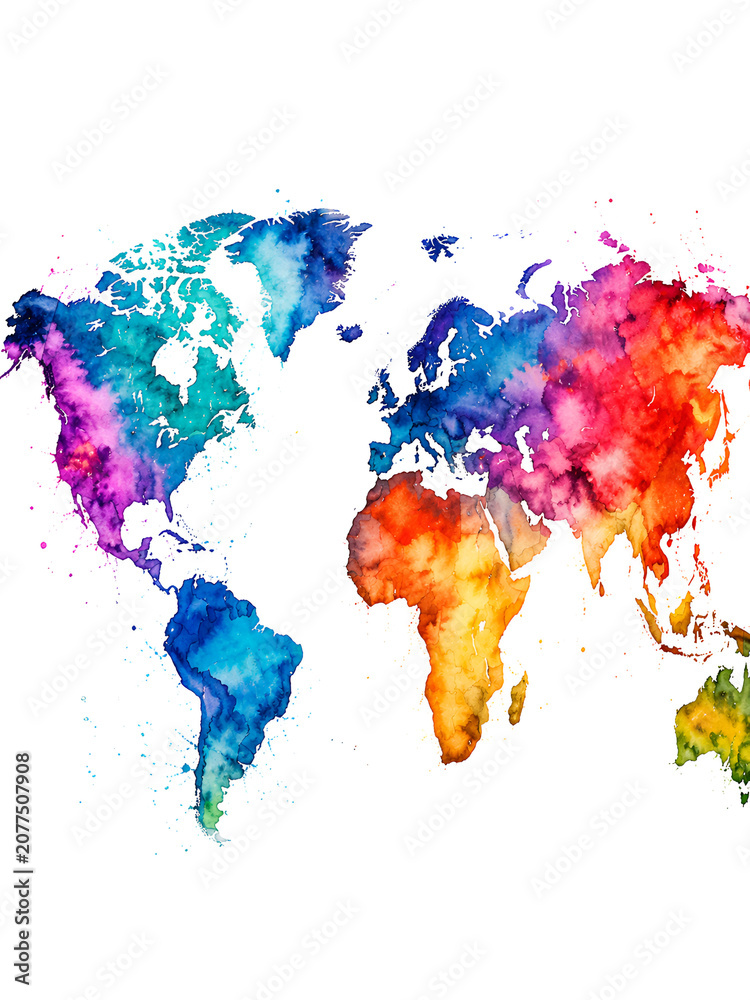 Fototapeta premium Colorful watercolor world map on white background