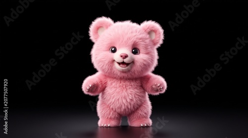 Cute Miniature Fluffy Pink Fantasy Bear Cub Standing with Open Arms on Black Background
