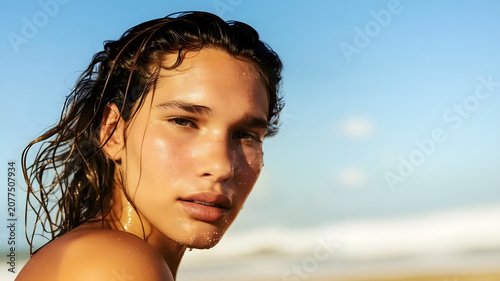 Close up portrait of beautiful young woman with wet hair on beach