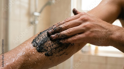 Close-up of a person applying a dark exfoliating body scrub to their wet arm in a shower for skincare and hygiene.